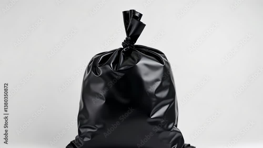 Black garbage bag standing against a plain white background