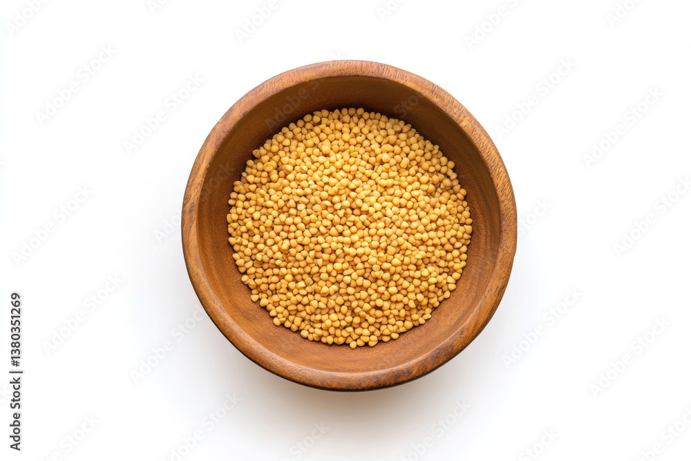 Mustard seeds in a wooden bowl on a white background Mustard seeds in a wooden bowl on a white background