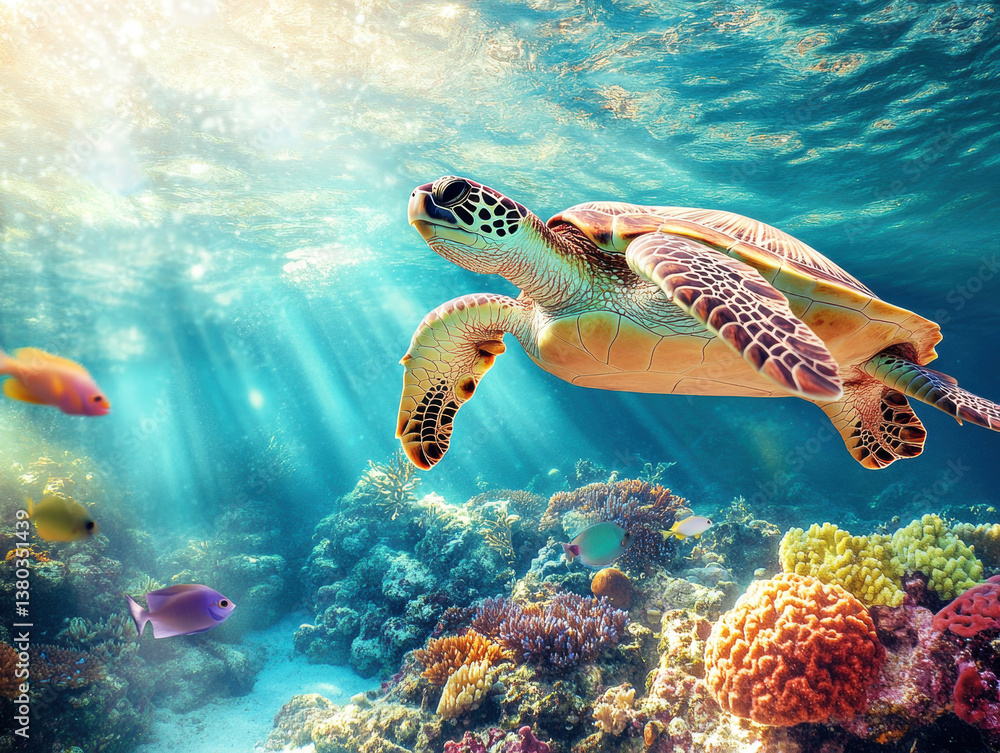 Fototapeta premium Sea turtle gliding through a vibrant coral reef in clear water