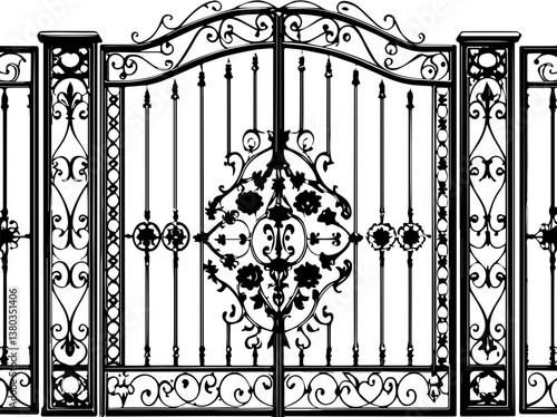 Mansion villa gates with wrought iron design in SVG vector format. Elegant Ornate Iron Gate Design with Intricate Patterns and Curves