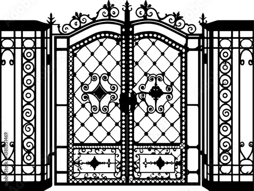 Mansion villa gates with wrought iron design in SVG vector format. Ornate Wrought Iron Gate Design with Decorative Patterns