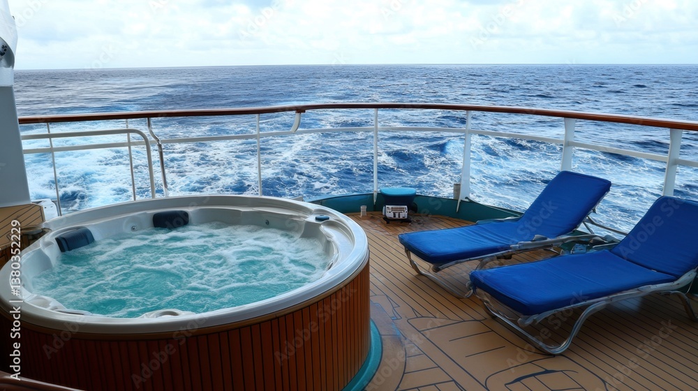 Fototapeta premium A cruise ship's upper deck with a hot tub, lounge chairs, and a panoramic view of the ocean.