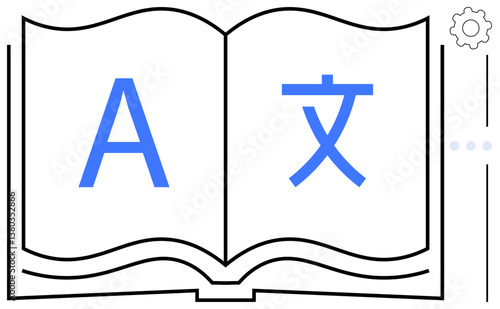 Open book featuring A and a Chinese character on opposite pages, suggesting bilingual translation. Ideal for education, reading, translation, linguistics, globalization, learning communication. Flat