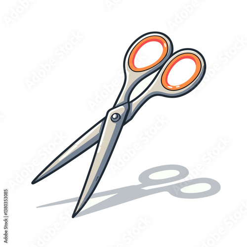 Vector illustration of stainless steel scissors with orange handle. Perfect for craft supply catalogs or tailoring tool collections.