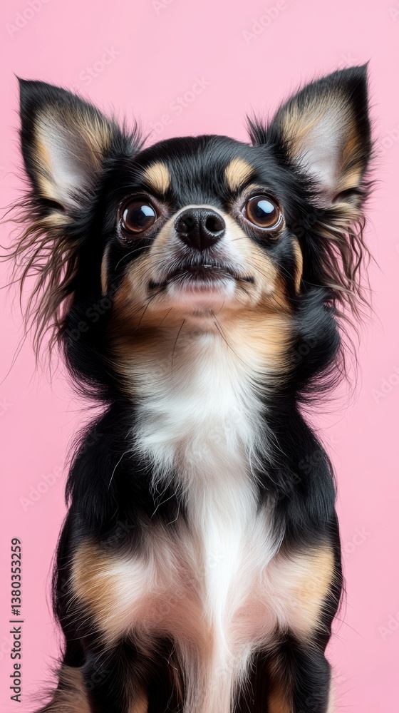 Fototapeta premium Cute chihuahua with expressive eyes poses against a pink background in a playful atmosphere