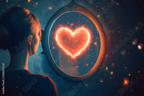 A digital illustration showing a person looking into a mirror where instead of their reflection, there a glowing heart surrounded by stars, symbolizing the journey of self acceptance and unconditional