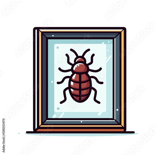 Vector framed brown beetle insect specimen in wooden display case. Ideal for entomology collections, natural history museums and biological science illustrations.