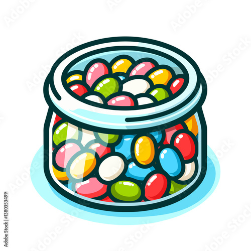 Vector candy jar with colorful dragees in transparent container. Perfect for confectionery stores, sweet treats and children's party decoration illustrations.