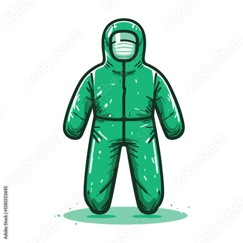 Vector hazmat suit in bright green with full body protection. Perfect for safety equipment catalogues, biohazard scenarios and medical protection illustrations.