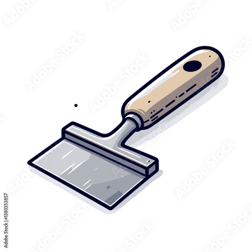 Metal putty knife with wooden handle in gray tones on white background. Perfect for construction tools, DIY home repairs, and painting equipment catalogs.