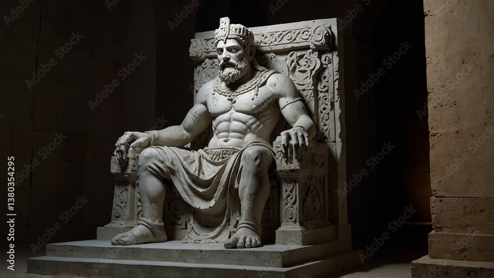 Obraz premium A sculpture of Pirithous, trapped upon an underworld throne, hands frozen in submission, representing betrayal and punishment