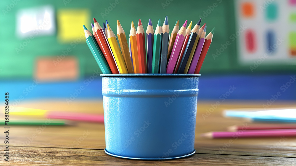 Colorful pencils in tin, classroom background, education Colorful pencils in tin, classroom background, education