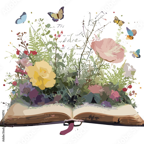 Open book with blooming flowers and butterflies in a colorful design  