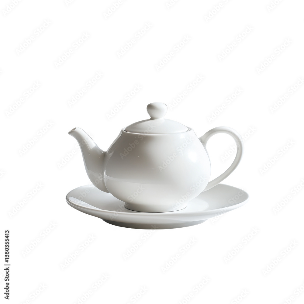 White porcelain teapot with elegant saucer and minimalist design on transparent background White porcelain teapot with elegant saucer and minimalist design on transparent background