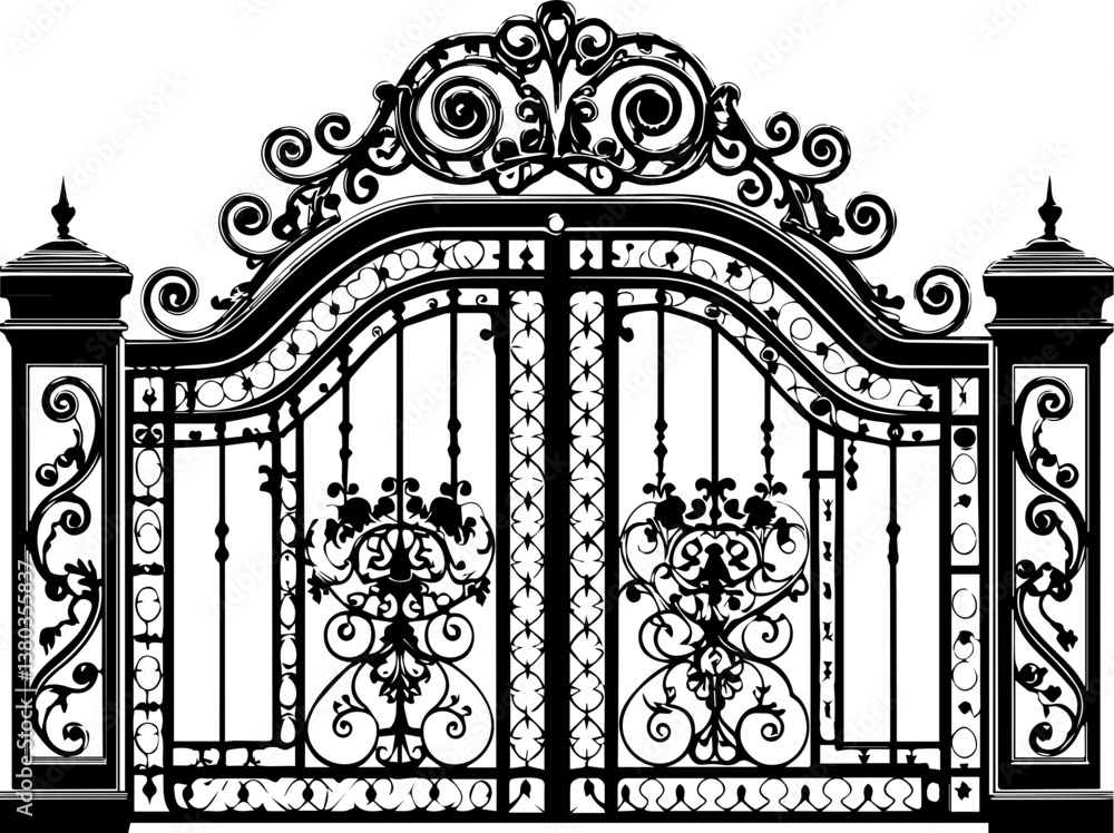 Obraz premium Palace wrought iron gates in SVG vector format. Ornate Black Metal Gate with Intricate Floral Patterns Design