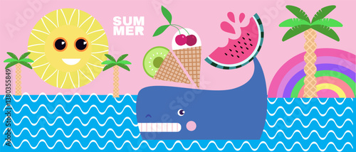 Summer concept design abstract background Set funky icons Vector cute flat illustration