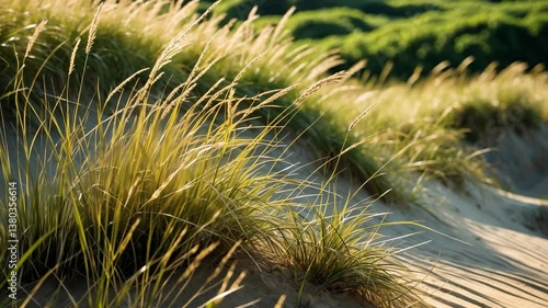 A detailed view of marram grass flourishing on a sand dune.