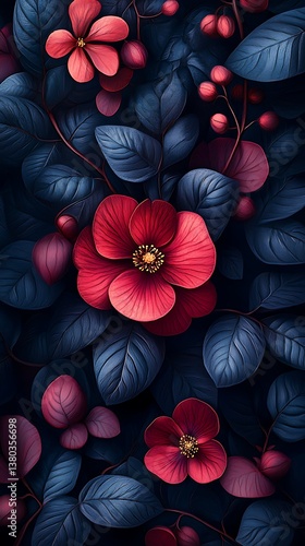  Vibrant Red and Pink Flowers with Green and Blue Leaves on Dark Background