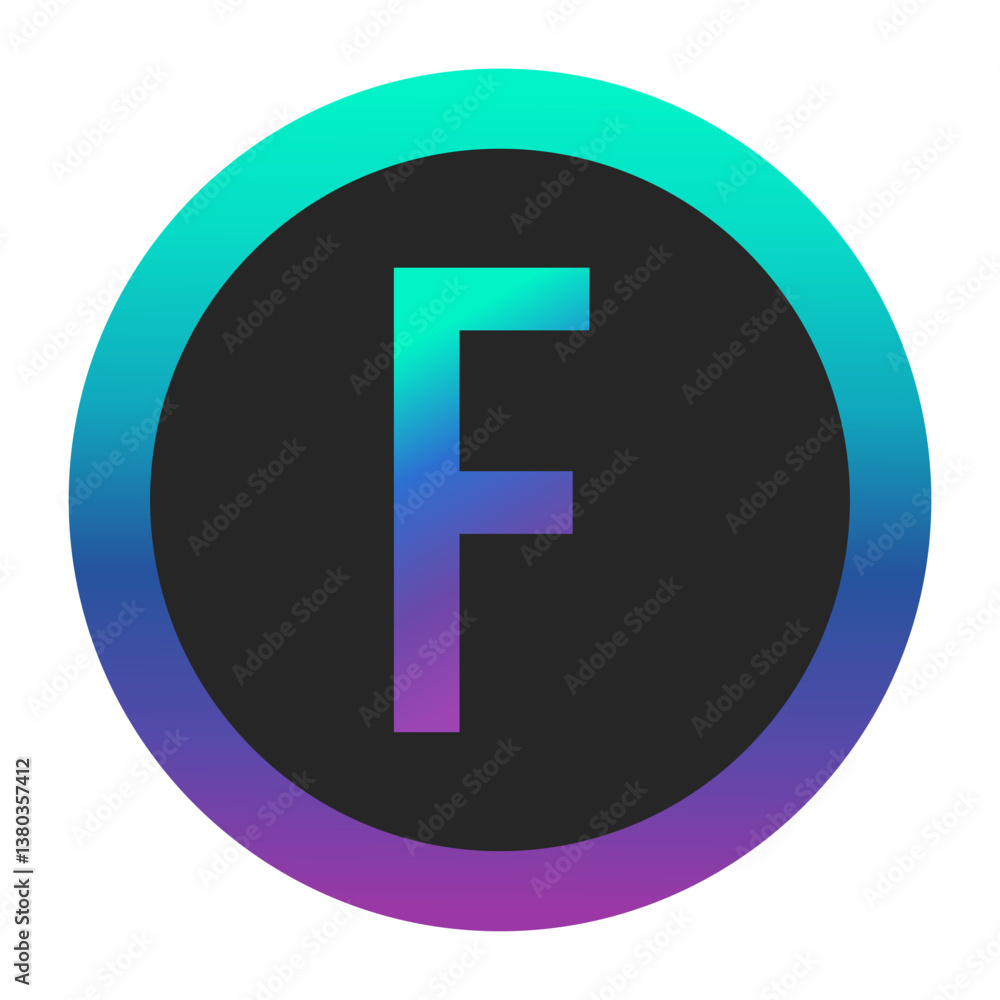 Stylish gradient letter F with a vibrant purple-to-green transition in a dark circle surrounded by a gradient border. Ideal for logos, branding, and innovative graphic applications. Stylish gradient letter F with a vibrant purple-to-green transition in a dark circle surrounded by a gradient border. Ideal for logos, branding, and innovative graphic applications.