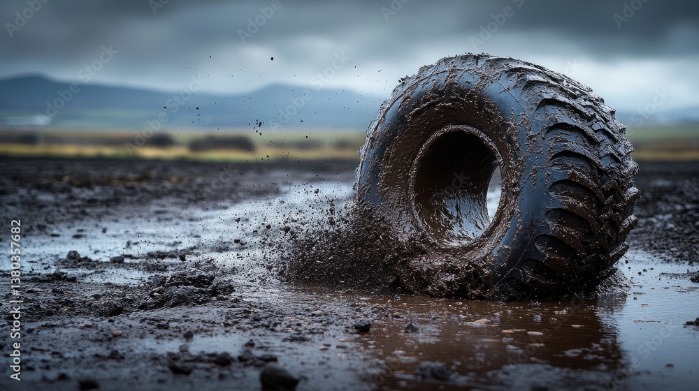 Fototapeta premium A tire spins in muddy ground, sending water and mud flying, illustrating a thrilling moment of off-road excitement
