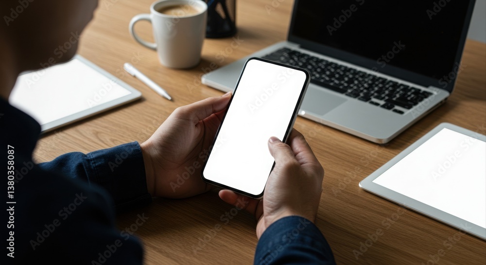 Person holding phone with blank screen. surrounded by tech. Person holding phone with blank screen. surrounded by tech.