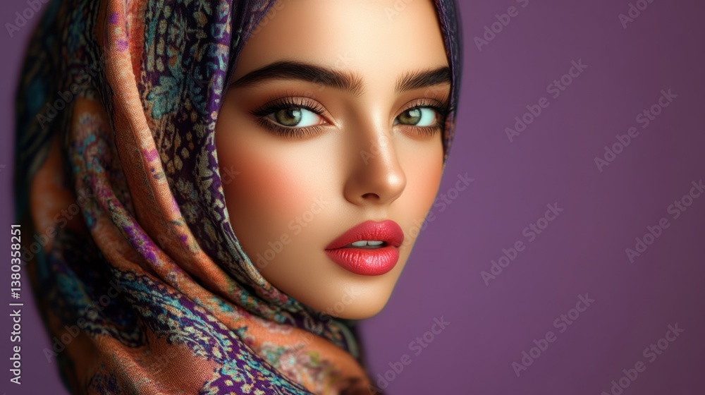 Elegant woman with striking green eyes and colorful headscarf against a purple backdrop showcasing beauty and cultural attire Elegant woman with striking green eyes and colorful headscarf against a purple backdrop showcasing beauty and cultural attire