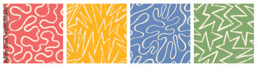 Seamless hand brush drawn abstract patterns collection. Textured grunge continuous line, chalk crayon charcoal rough uneven stroke. Zigzag endless stripe doodle chaotic artistic geometric background.