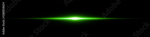 Bright horizontal beam of light on black background. Glowing laser effect creating futuristic and sci-fi aesthetics. Suitable for technology, energy, speed and digital design themes.