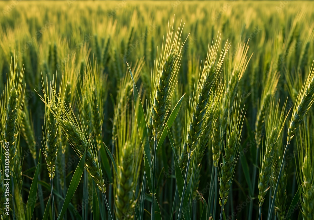Close-up of Green Wheat Field at Sunset, Agricultural Landscape, Grain Crop, Farming Background. Close-up of Green Wheat Field at Sunset, Agricultural Landscape, Grain Crop, Farming Background.