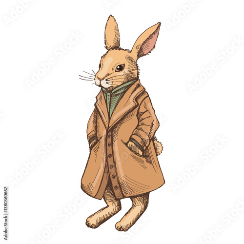 Hand drawn colored vintage sketch of anthropomorphic rabbit in coat