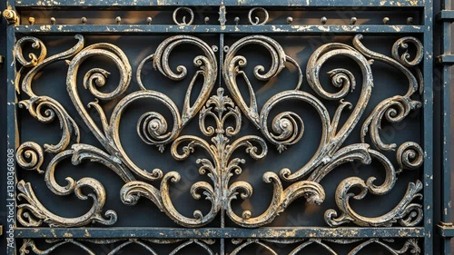 A close view of a beautifully crafted wrought iron gate showcasing detailed scrollwork and symmetrical designs. The aged dark metal surface displays signs of wear, with a gentle patina that