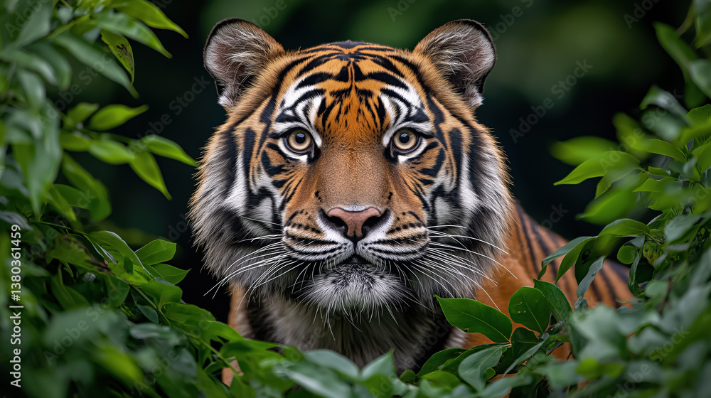 Fototapeta premium Tiger emerges from foliage looking directly at the viewer