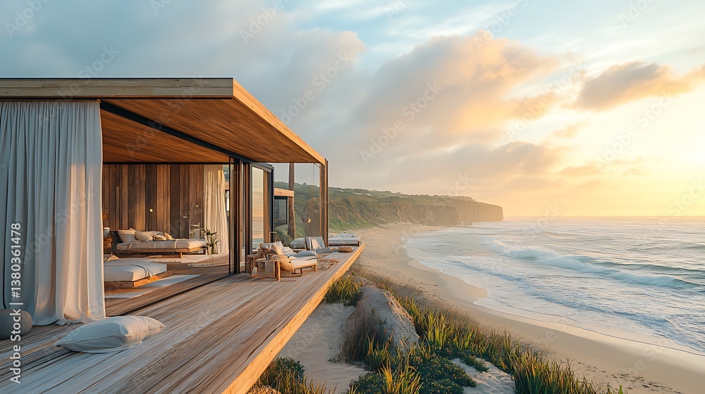 A modern beachside container house on wooden stilts, open terrace facing turquoise waves, linen curtains blowing in sea breeze, sandy textures below, driftwood furniture on the patio, A modern beachside container house on wooden stilts, open terrace facing turquoise waves, linen curtains blowing in sea breeze, sandy textures below, driftwood furniture on the patio,