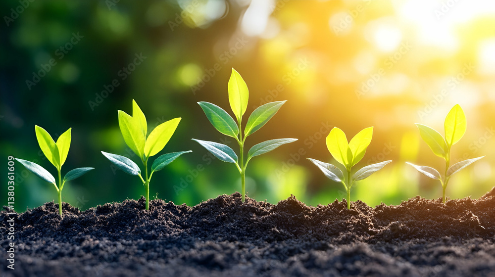 Young plants growing in soil, sunrise background, nature growth concept, ecology Young plants growing in soil, sunrise background, nature growth concept, ecology