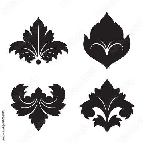Beautifully designed flower shape star leaf swirl calligraphic ornament heart shaped bell silhouette icon set for creative artists
