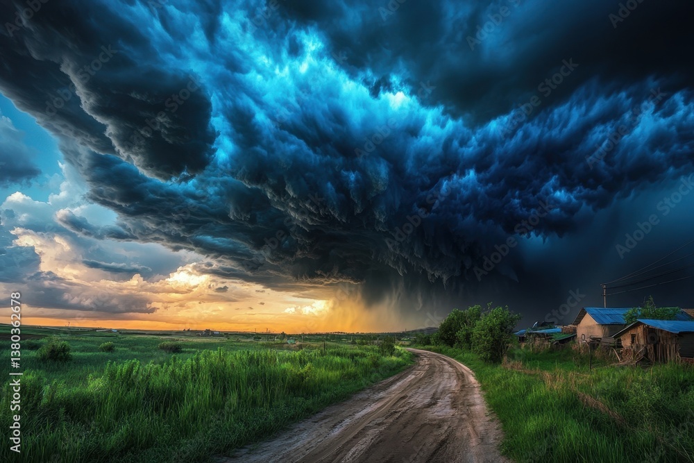 Fototapeta premium Dark storm clouds gather over a rural dirt road at sunset in an open landscape
