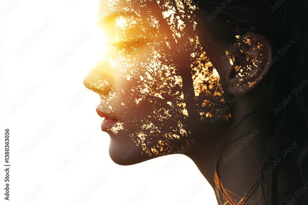 Fototapeta premium The image features a woman with a sunset and clouds behind her, representing the concepts of self-restraint and self-improvement