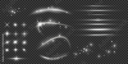 Light effects.Wind glare, explosions, shine, dust, lines, solar flares, sparks, sequins, stars, curved curls. Glow special effect of light