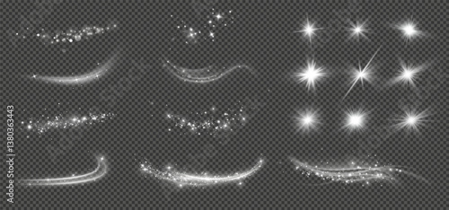 Light effects.Wind glare, explosions, shine, dust, lines, solar flares, sparks, sequins, stars, curved curls. Glow special effect of light