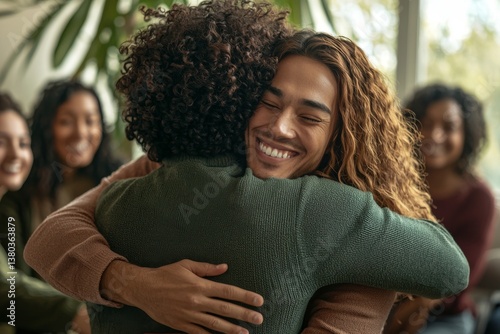 An African American man and his diverse support community of friends gather at a mental health therapy meeting to hug and congratulate a teammate who has returned after a long time, recognizing their