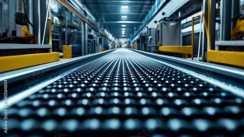 Conveyor belt in modern industrial facility with illuminated pathway for smooth operation