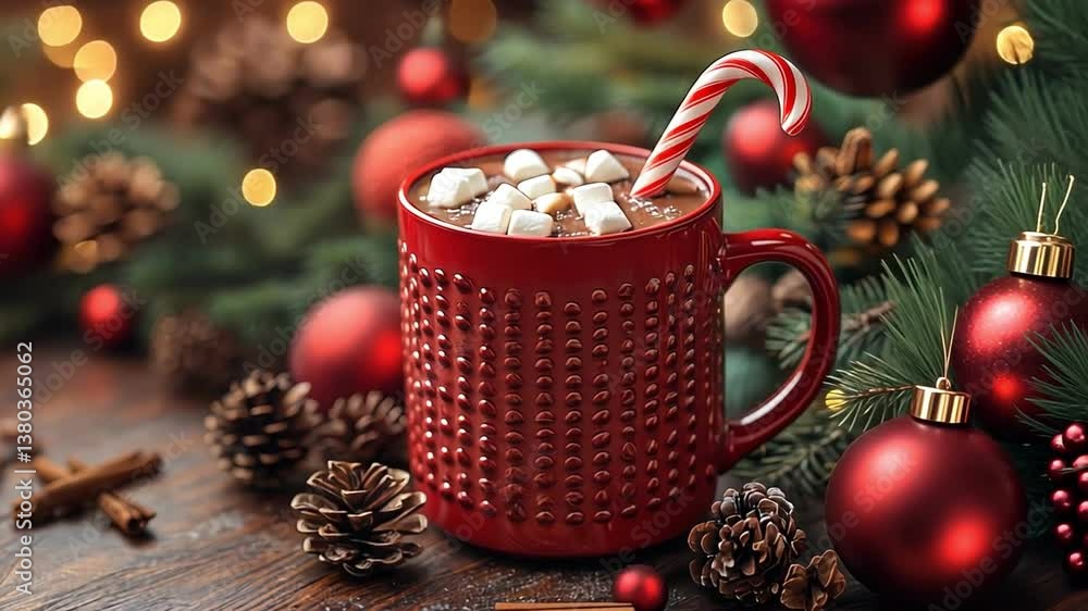 Festive Red Mug of Hot Chocolate with Marshmallows and Candy Cane Surrounded by Holiday Decorations and Christmas Cheer Festive Red Mug of Hot Chocolate with Marshmallows and Candy Cane Surrounded by Holiday Decorations and Christmas Cheer