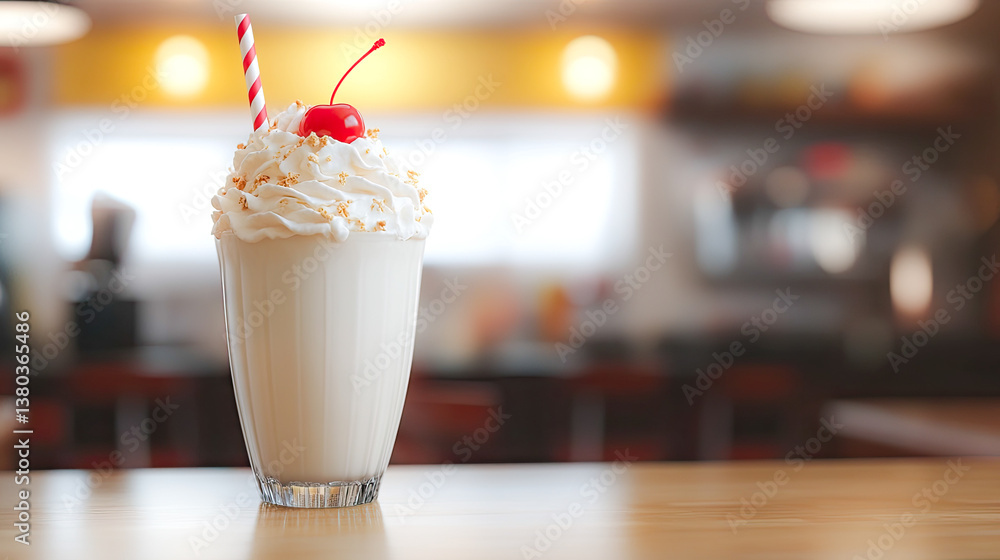 Creamy vanilla milkshake with cherry and straw dessert drink photography Creamy vanilla milkshake with cherry and straw dessert drink photography