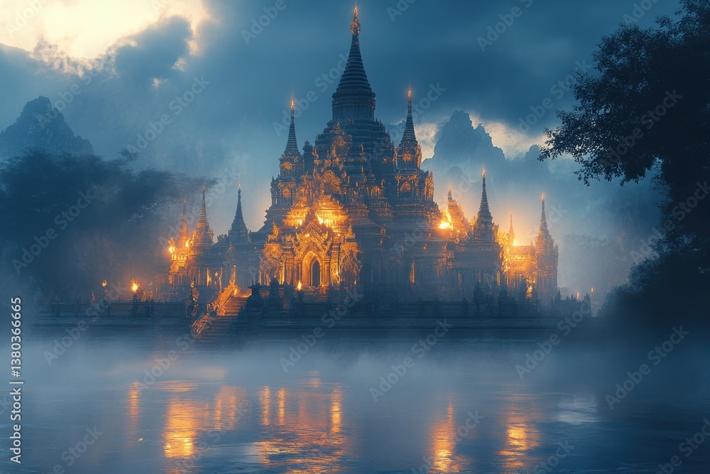 Obraz premium Majestic temple illuminated by twilight in a serene, misty landscape