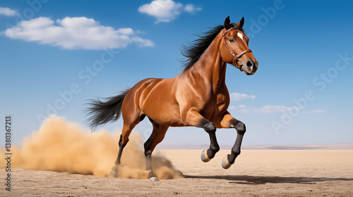 Majestic horse running freely in a vast desert landscape