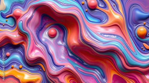 Wallpaper Mural Abstract colorful wavy glossy liquid surface with floating sphere shapes Torontodigital.ca
