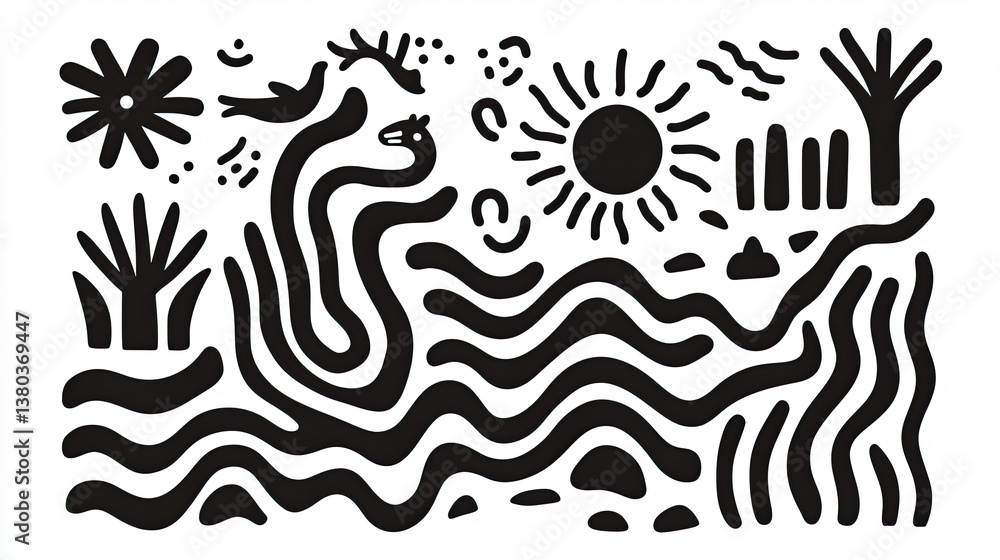 vibrant abstract illustration featuring flowing lines, waves, and various nature elements like plants, sun, and birds, evoking sense of creativity vibrant abstract illustration featuring flowing lines, waves, and various nature elements like plants, sun, and birds, evoking sense of creativity
