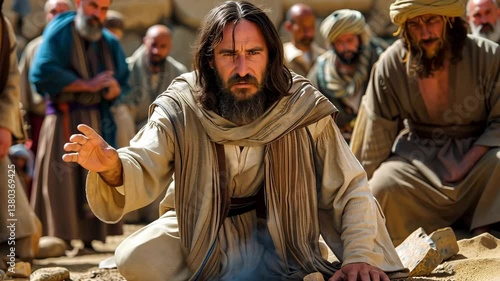 Jesus Christ writing in the sand the sins of those gathered around him 4K