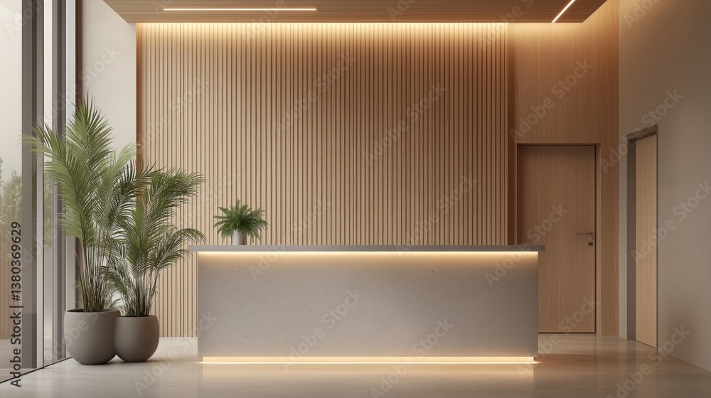 minimalist office reception area with light beige wooden wall panels minimalist office reception area with light beige wooden wall panels