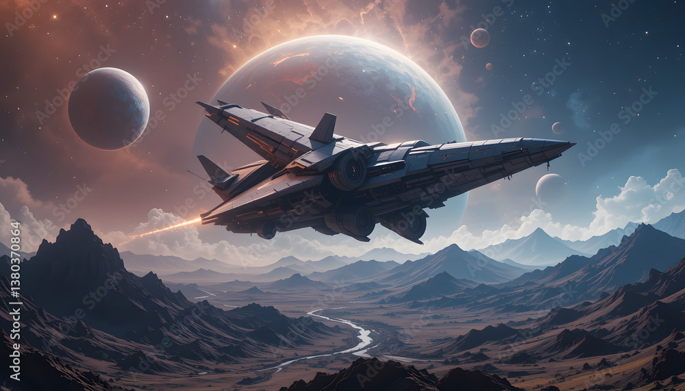 Obraz premium Dual-Engine Spaceship Ascending over Alien Planet & Mountain Range